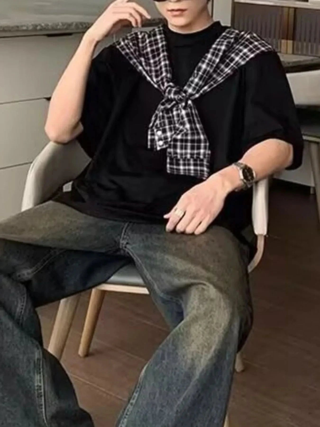 Men's Full Size Oversized T-Shirt with Plaid Shawl Plus Size Black / S