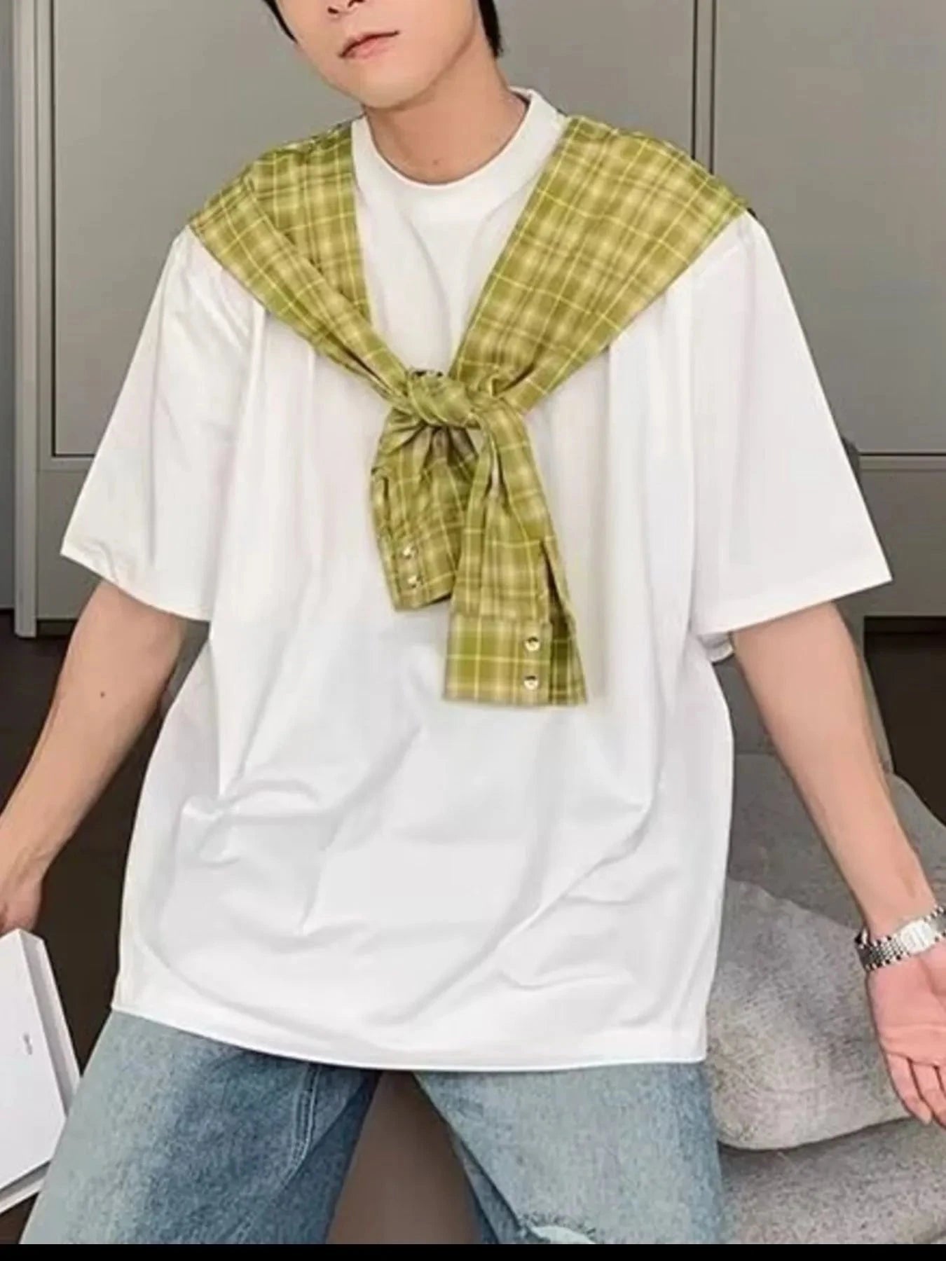 Men's Full Size Oversized T-Shirt with Plaid Shawl Plus Size White / S