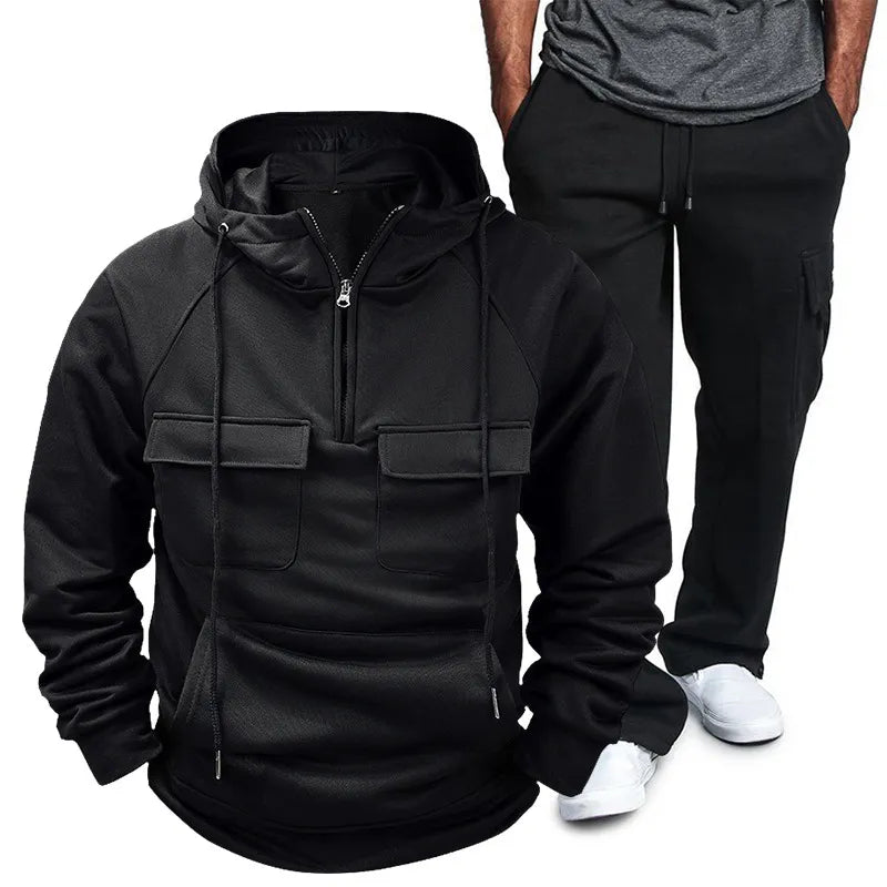 Men's Full Size Pocketed Drawstring Hoodie and Pants Set Plus Size Black / 2XL