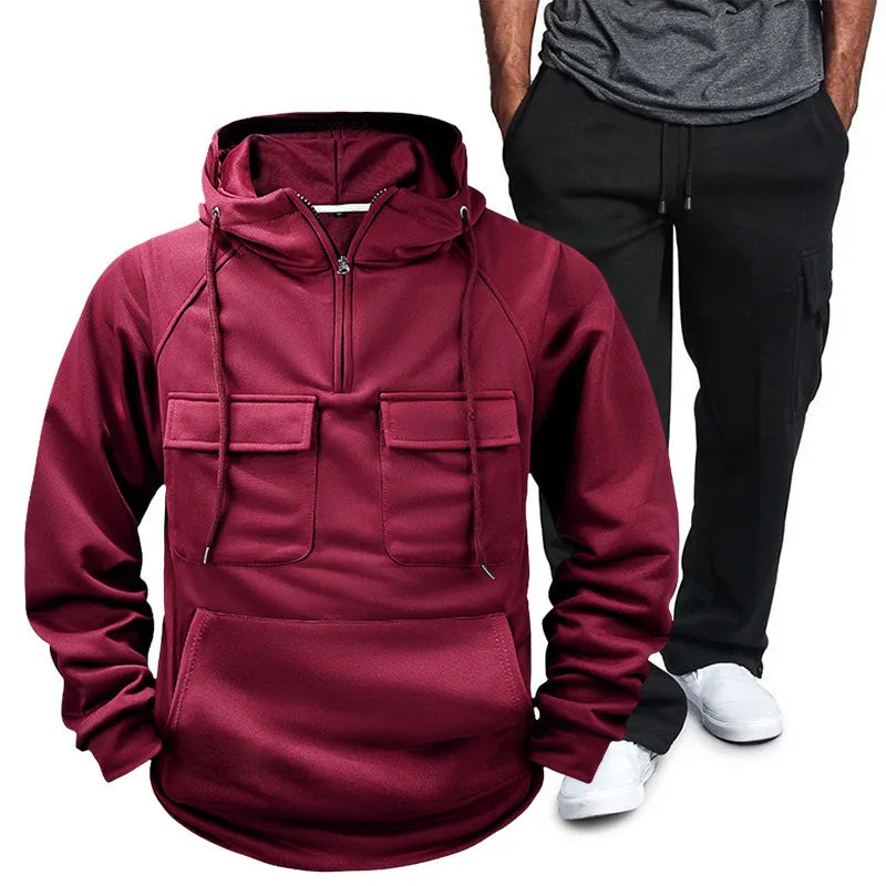 Men's Full Size Pocketed Drawstring Hoodie and Pants Set Plus Size Deep Red / XL