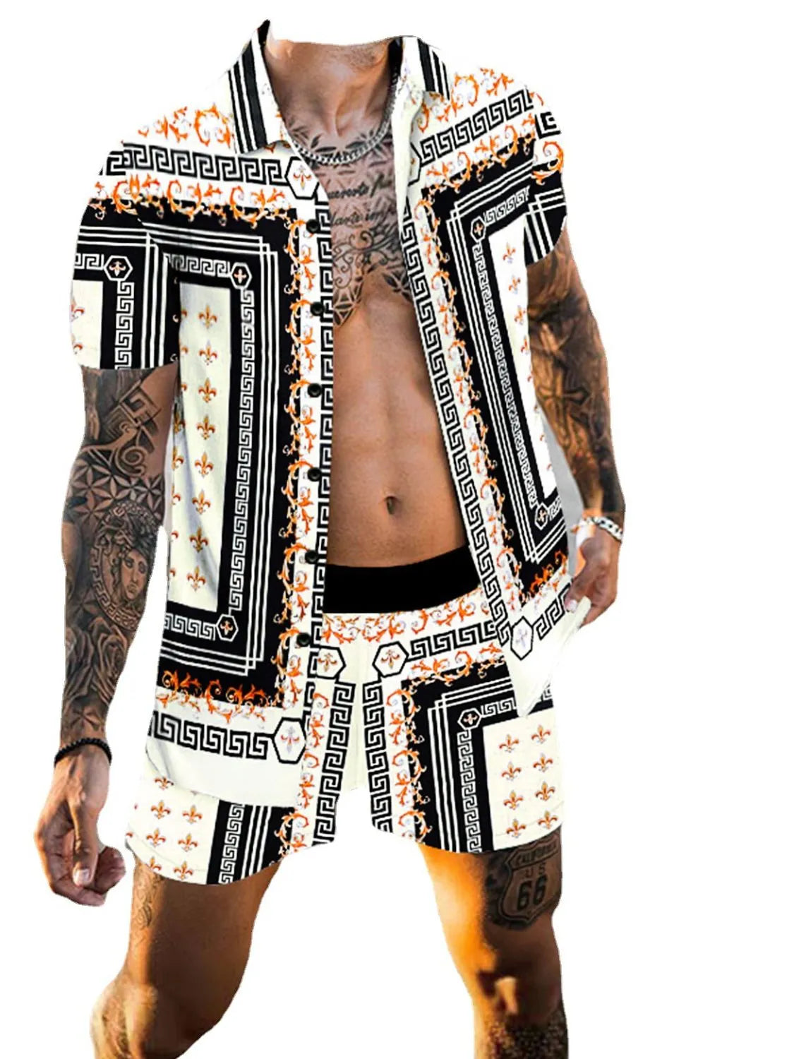 Men's Full Size Printed Collared Neck Short Sleeve Top and Shorts Set Plus Size