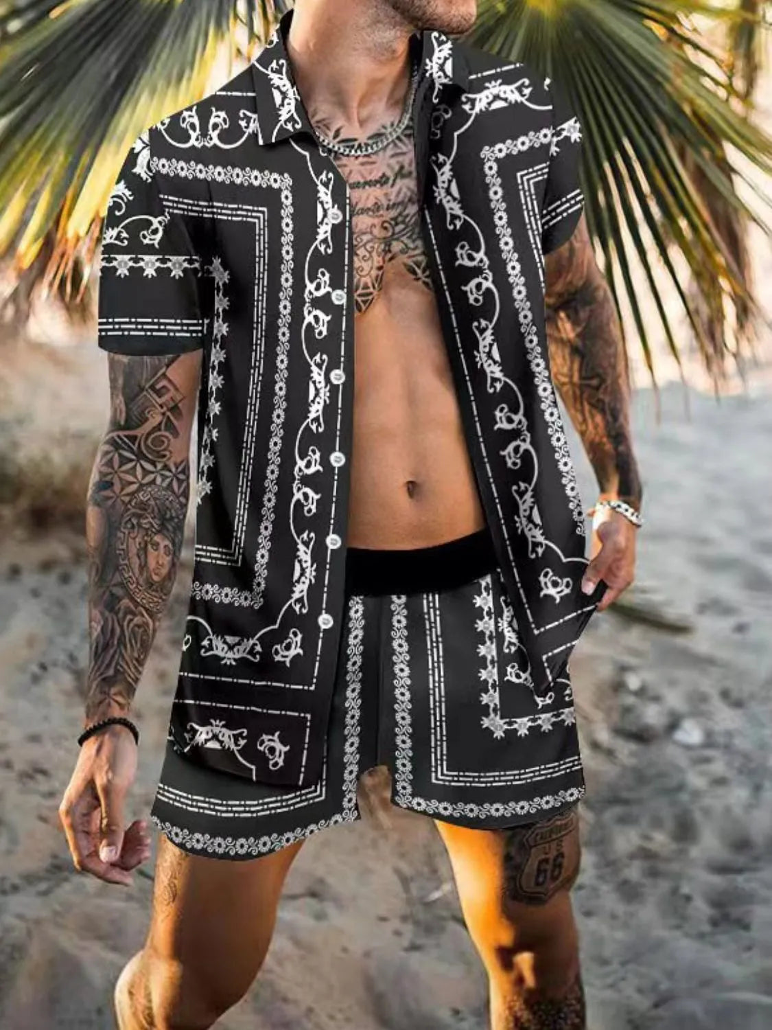 Men's Full Size Printed Collared Neck Short Sleeve Top and Shorts Set Plus Size Black / S