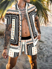 Men's Full Size Printed Collared Neck Short Sleeve Top and Shorts Set Plus Size White / S