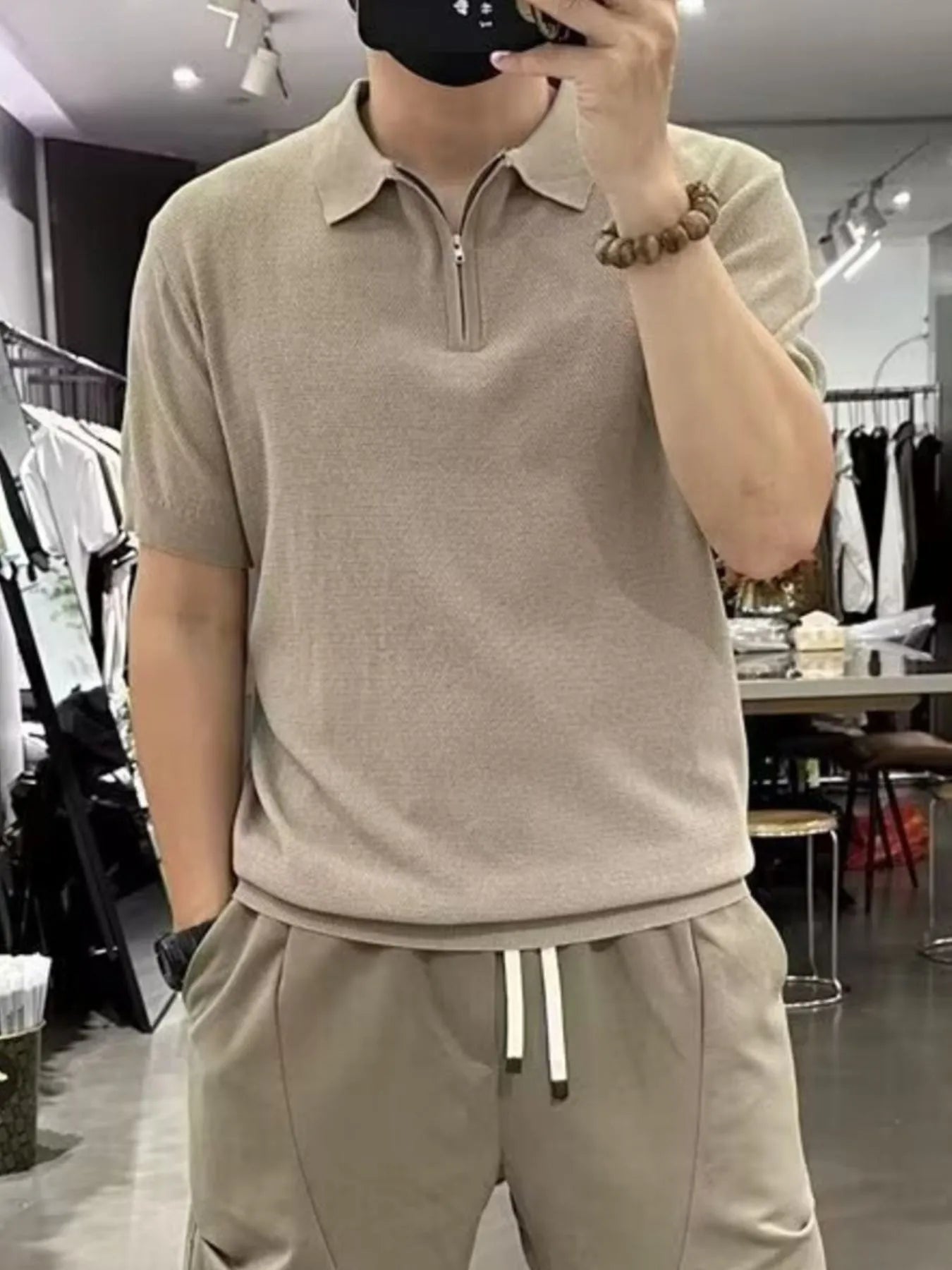 Men's Full Size Quarter Zip Short Sleeve Polo Plus Size Apricot / S