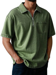 Men's Full Size Quarter Zip Short Sleeve Polo Plus Size Army Green / S