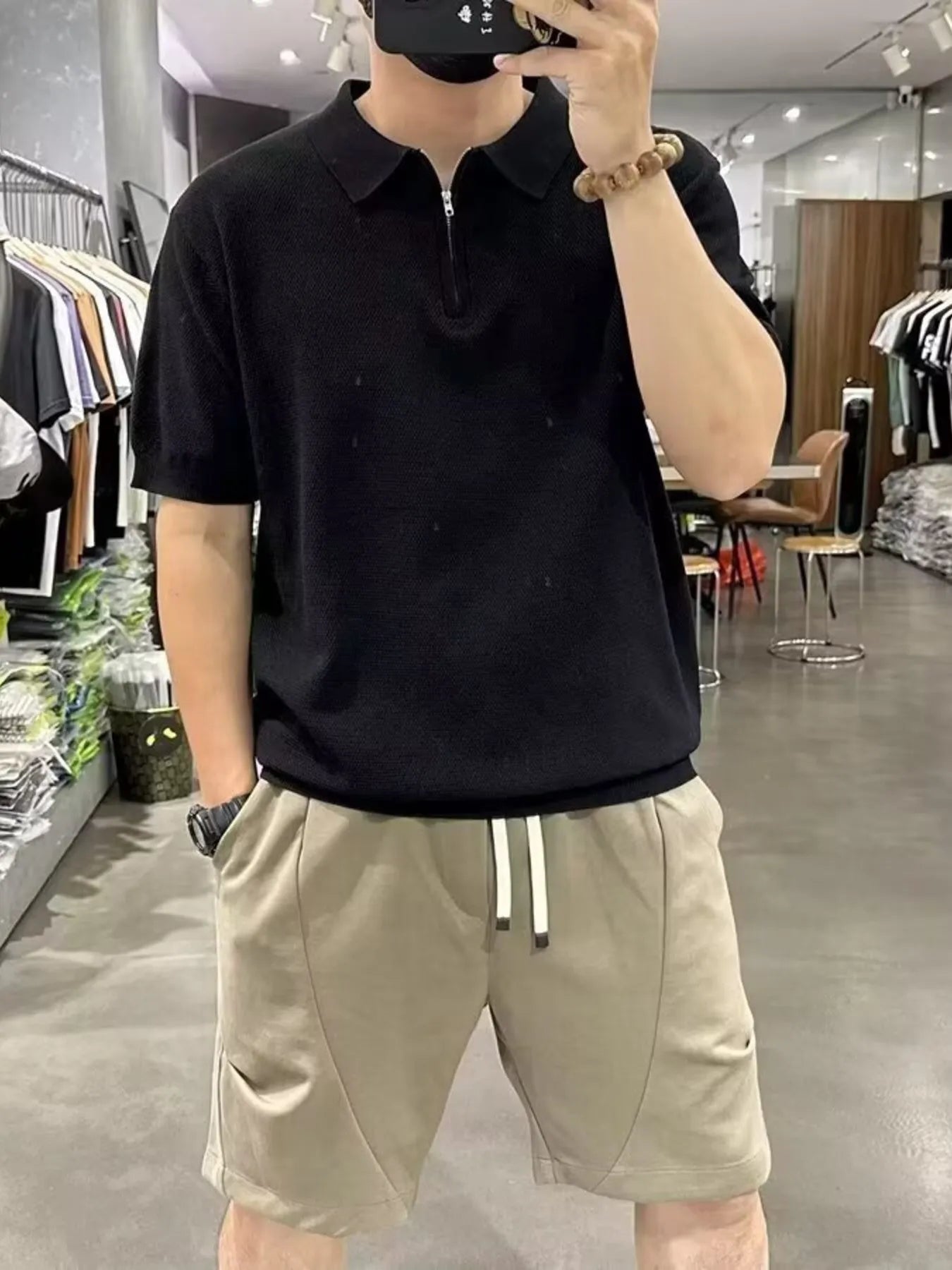 Men's Full Size Quarter Zip Short Sleeve Polo Plus Size Black / S