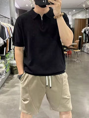 Men's Full Size Quarter Zip Short Sleeve Polo Plus Size Black / S