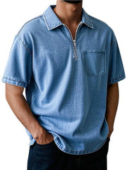 Men's Full Size Quarter Zip Short Sleeve Polo Plus Size Blue / S