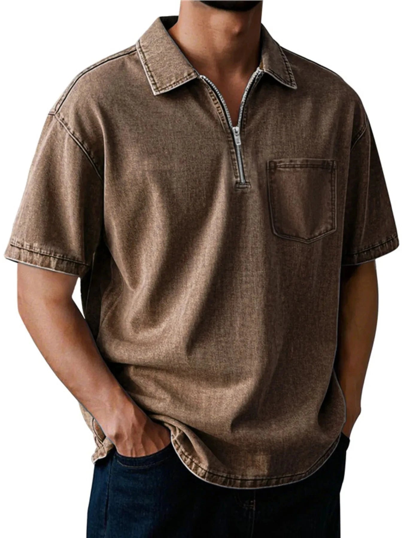 Men's Full Size Quarter Zip Short Sleeve Polo Plus Size Brown / S