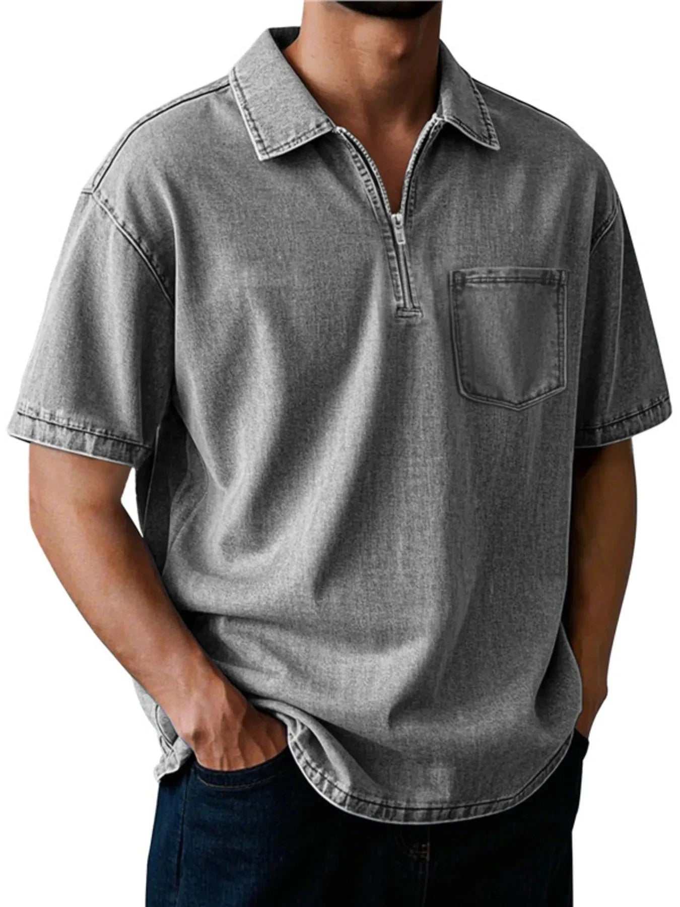 Men's Full Size Quarter Zip Short Sleeve Polo Plus Size Grey / S