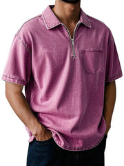 Men's Full Size Quarter Zip Short Sleeve Polo Plus Size Pink / S