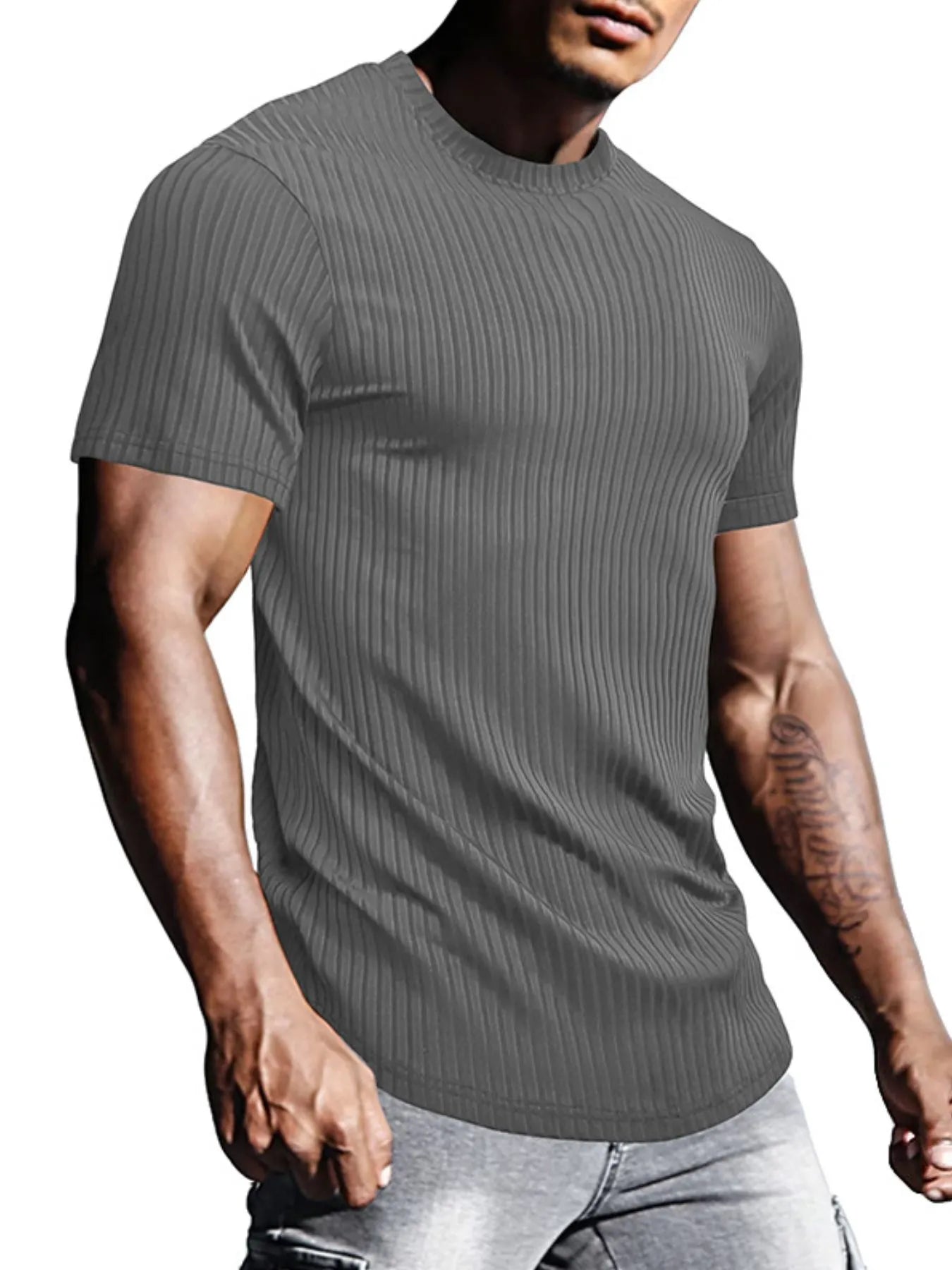 Men's Full Size Ribbed Knit Short Sleeve Round Neck T-Shirt Plus Size Dark Gray / S