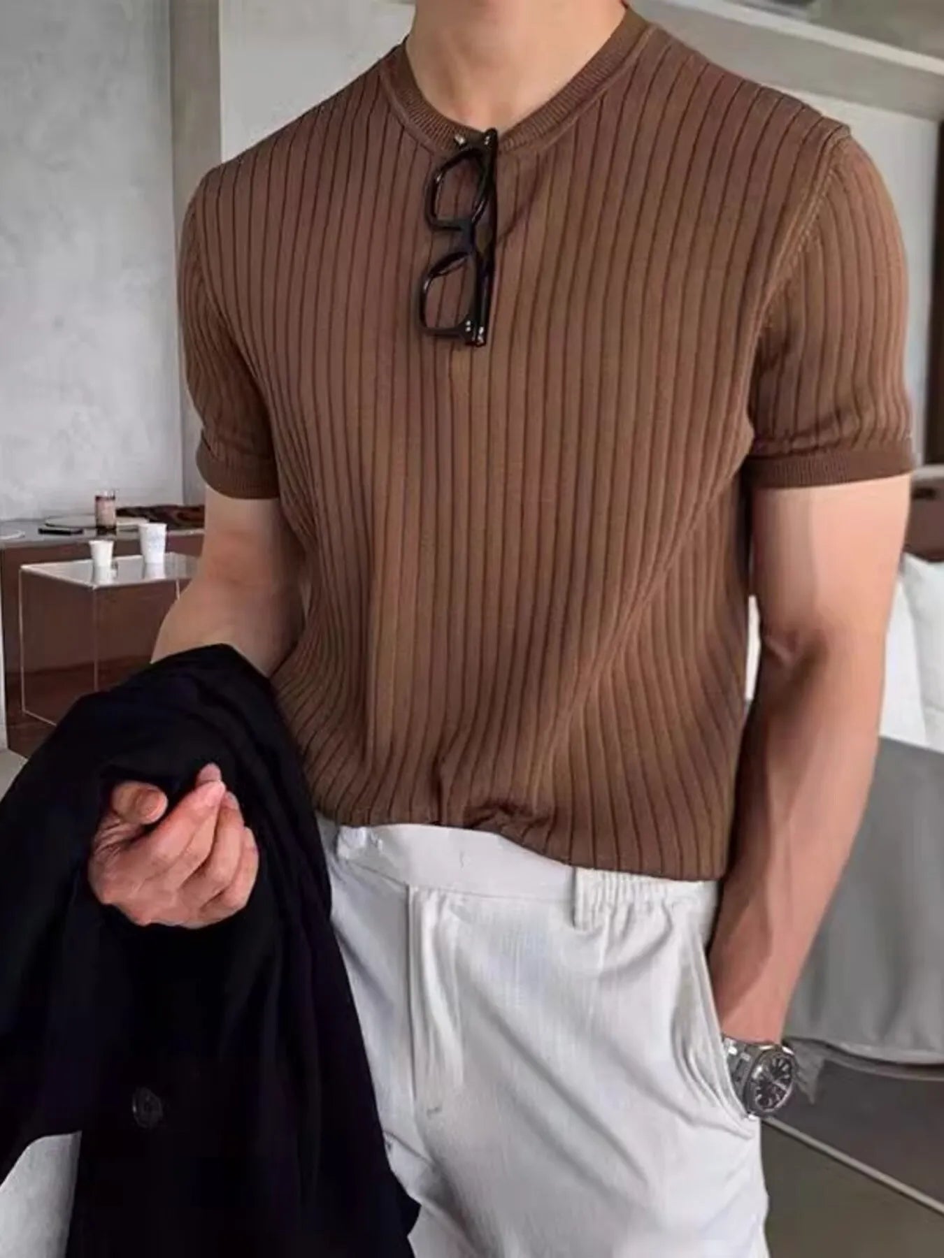 Men's Full Size Ribbed Knit Short Sleeve T-Shirt Plus Size Brown / S