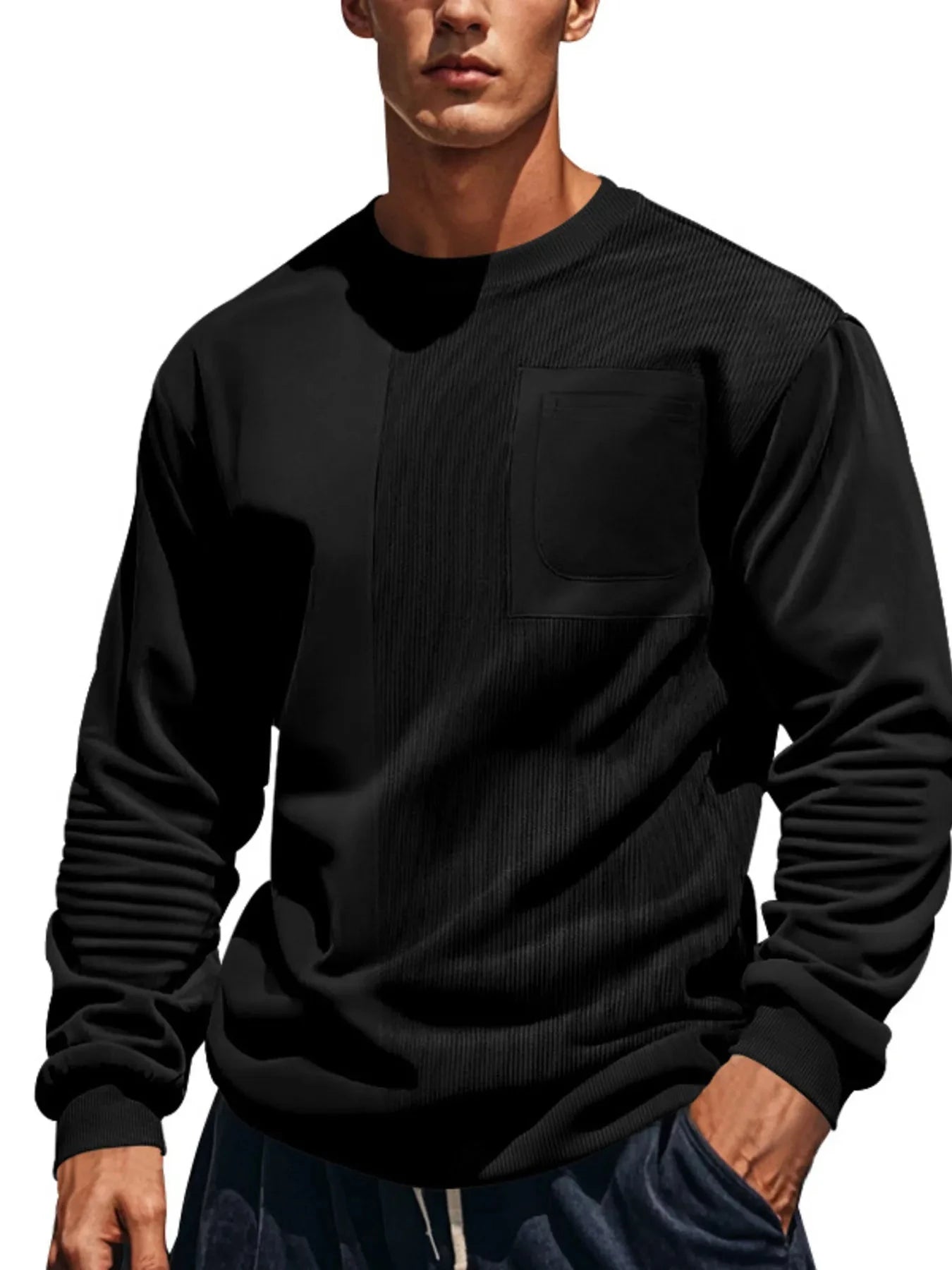Men's Full Size Round Neck Long Sleeve Sweatshirt Plus Size Black / S
