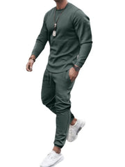 Men's Full Size Round Neck Long Sleeve Top and Pants Set Plus Size