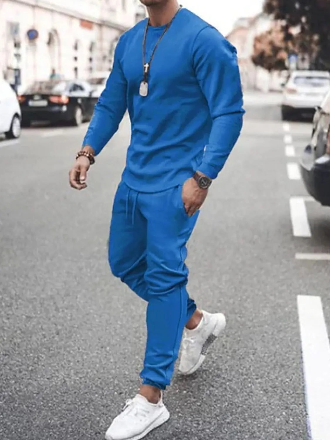 Men's Full Size Round Neck Long Sleeve Top and Pants Set Plus Size Blue / S