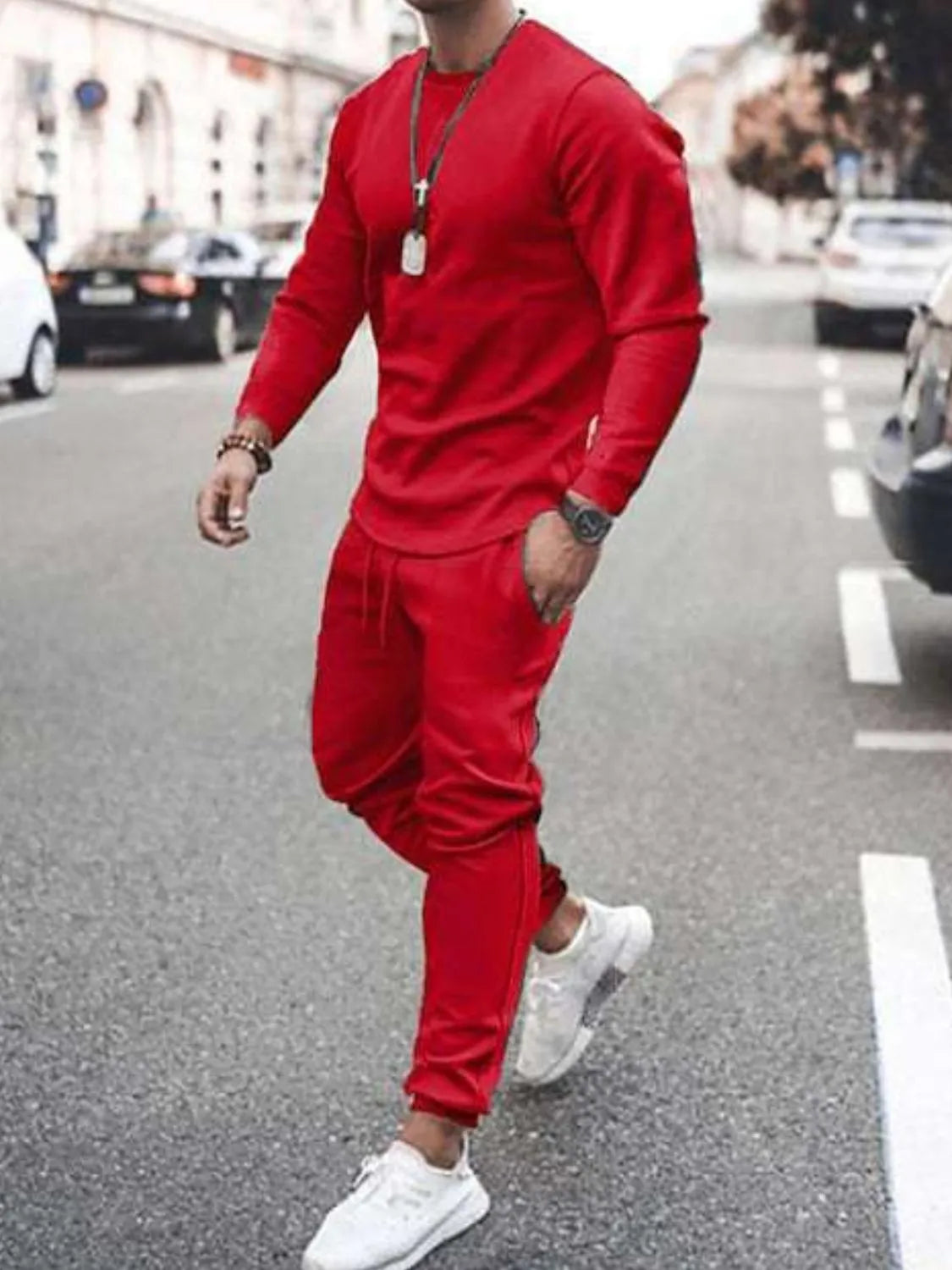 Men's Full Size Round Neck Long Sleeve Top and Pants Set Plus Size Deep Red / S