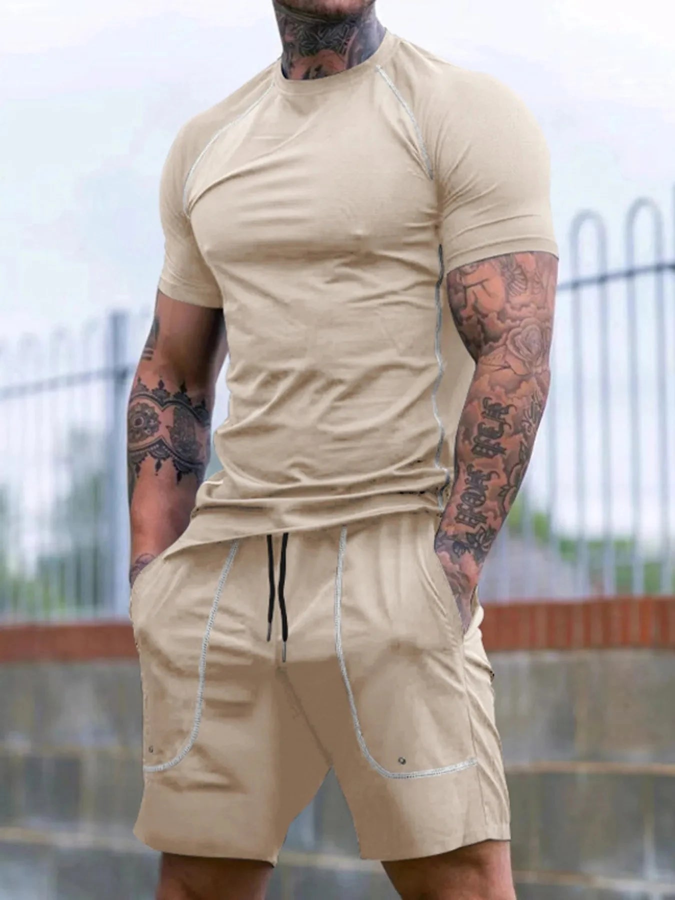 Men's Full Size Round Neck Short Sleeve T-Shirt and Shorts Set Plus Size Apricot / S
