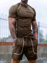 Men's Full Size Round Neck Short Sleeve T-Shirt and Shorts Set Plus Size Khaki / S