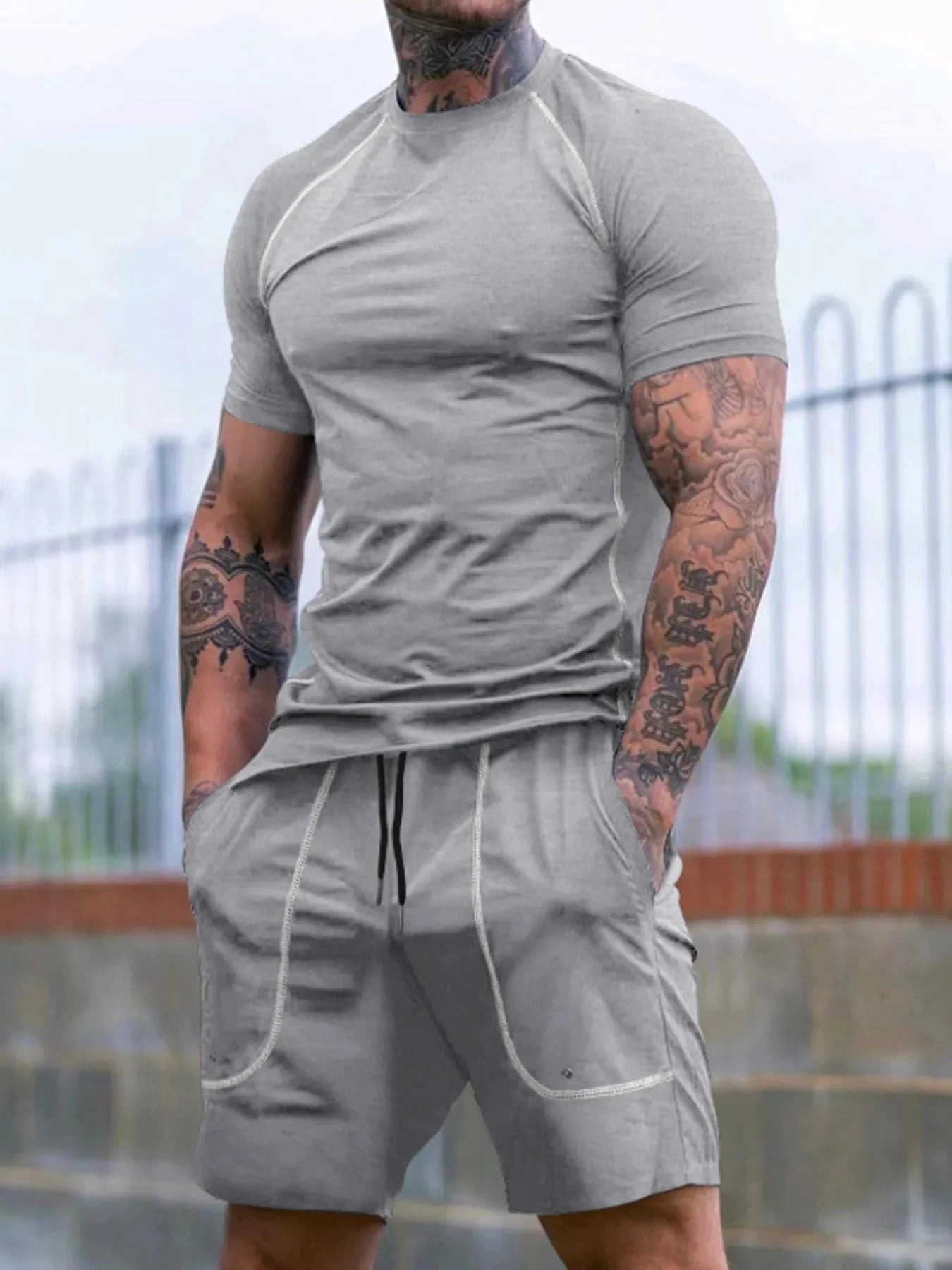 Men's Full Size Round Neck Short Sleeve T-Shirt and Shorts Set Plus Size Light Gray / S