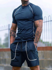 Men's Full Size Round Neck Short Sleeve T-Shirt and Shorts Set Plus Size Navy Blue / S