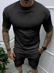Men's Full Size Round Neck Tee and Shorts Set Plus Size Black / S