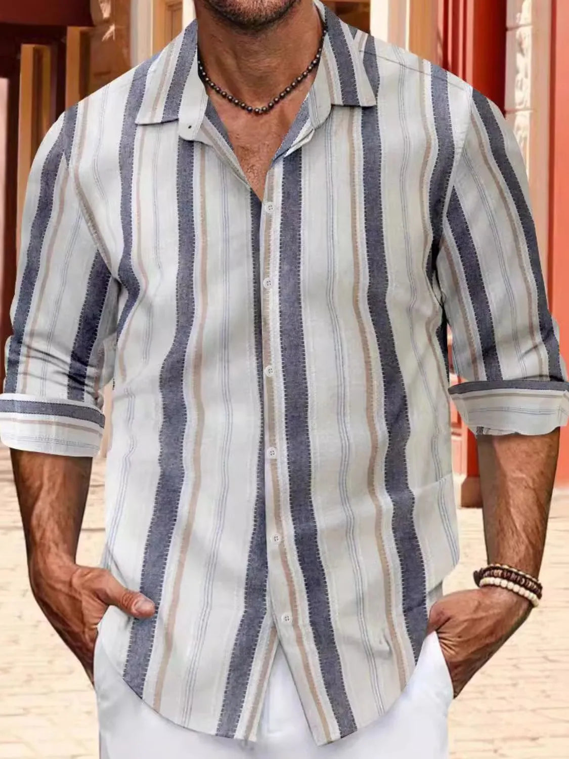Men's Full Size Striped Button Up Long Sleeve Shirt Plus Size Dark Gray / S