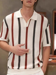 Men's Full Size Striped Short Sleeve Polo Plus Size Khaki / S