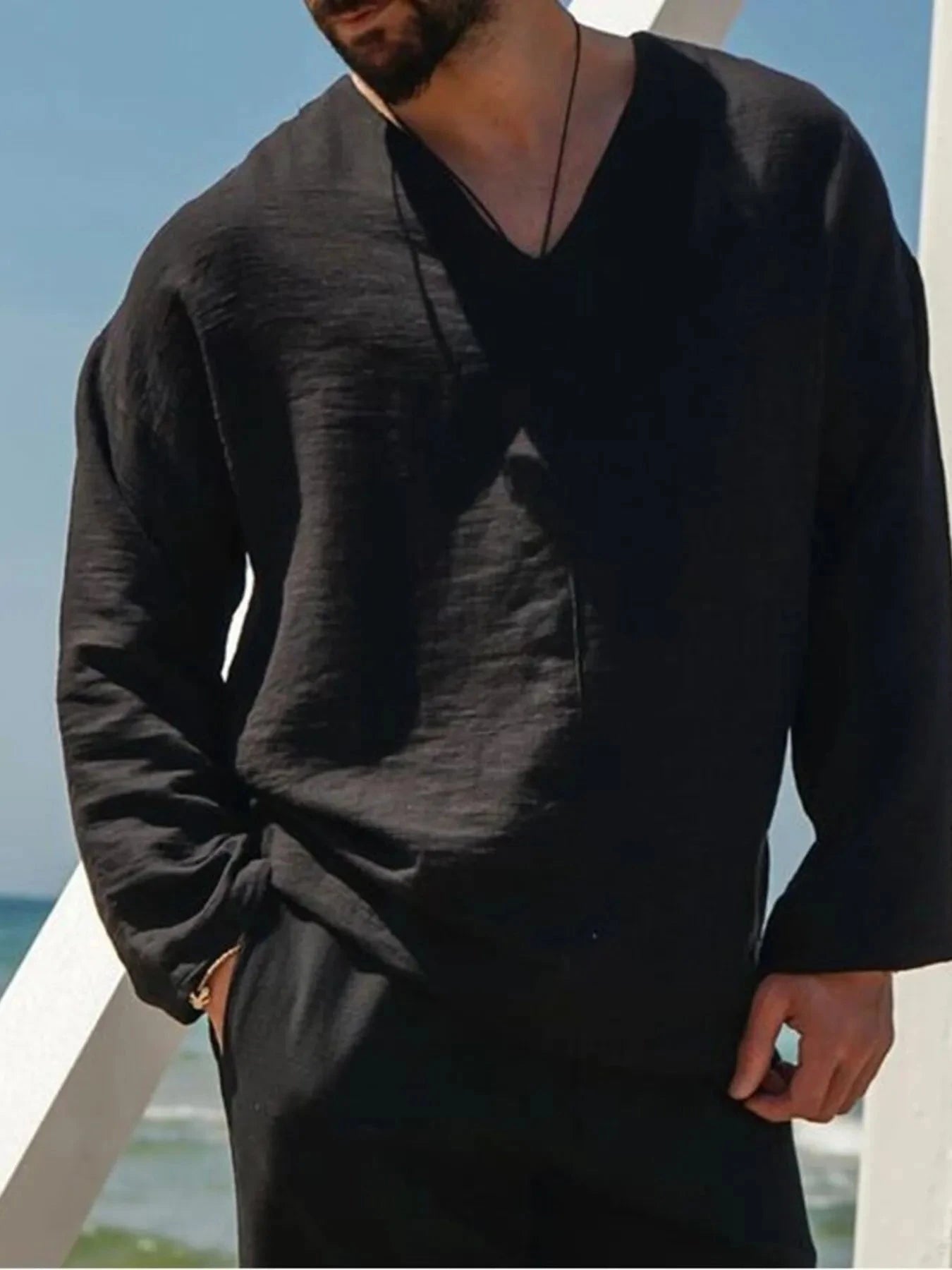 Men's Full Size V-Neck Long Sleeve Top Plus Size