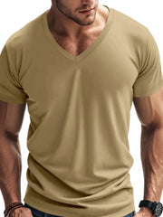 Men's Full Size V-Neck Short Sleeve T-Shirt Plus Size Khaki / S