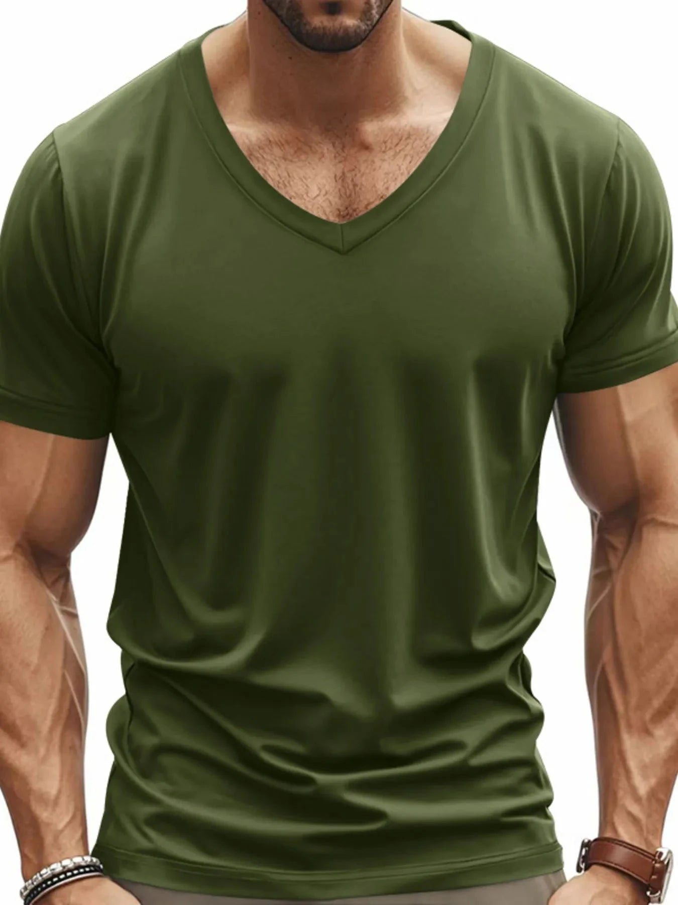 Men's Full Size V-Neck Short Sleeve T-Shirt Plus Size Military Green / S