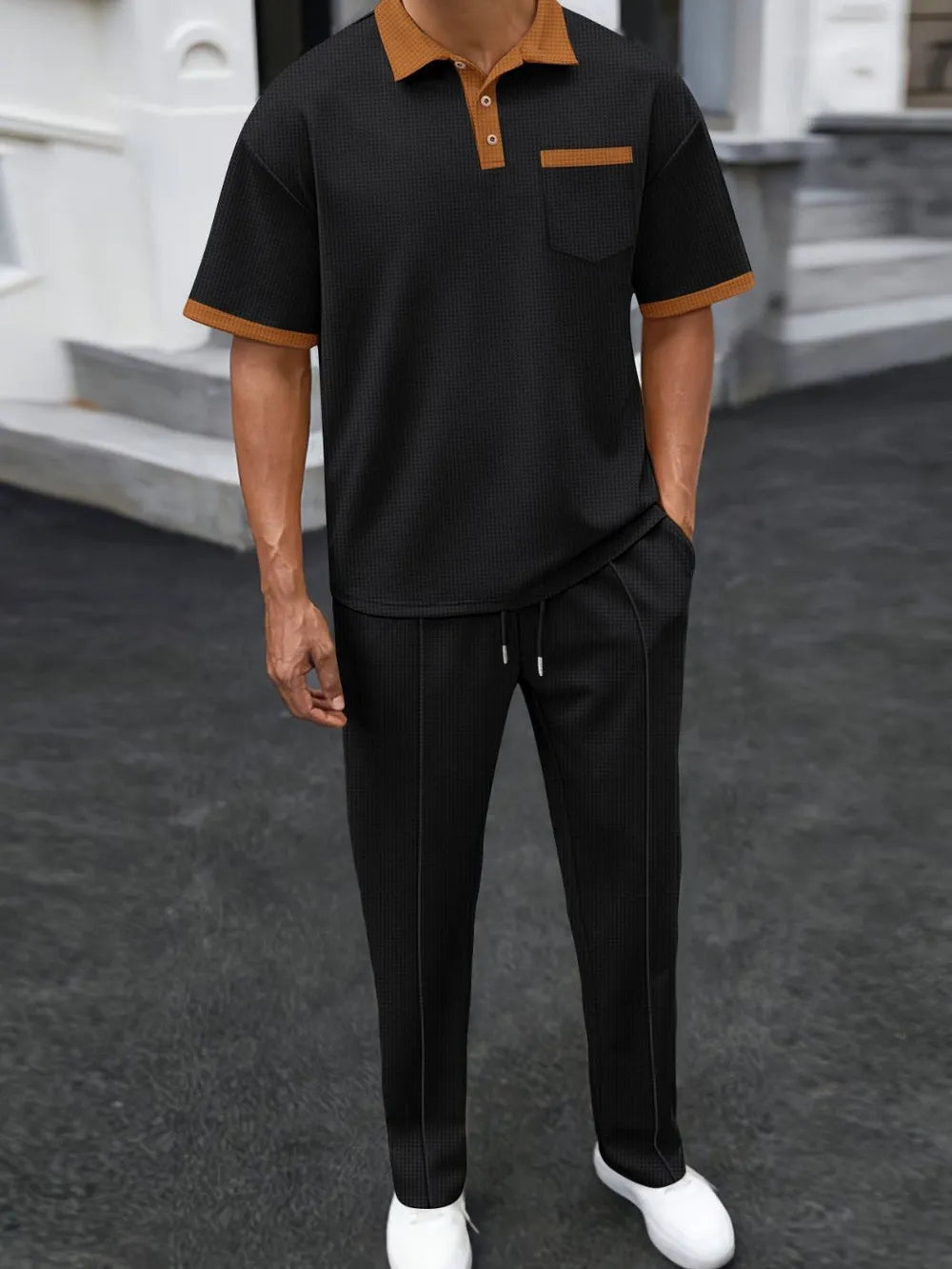 Men's Full Size Waffle-Knit Contrast Polo and Pants Set Plus Size Black / S