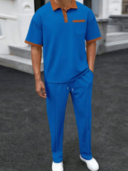 Men's Full Size Waffle-Knit Contrast Polo and Pants Set Plus Size Blue / S