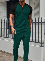 Men's Full Size Waffle-Knit Contrast Top and Drawstring Pants Set Plus Size Dark Green / S