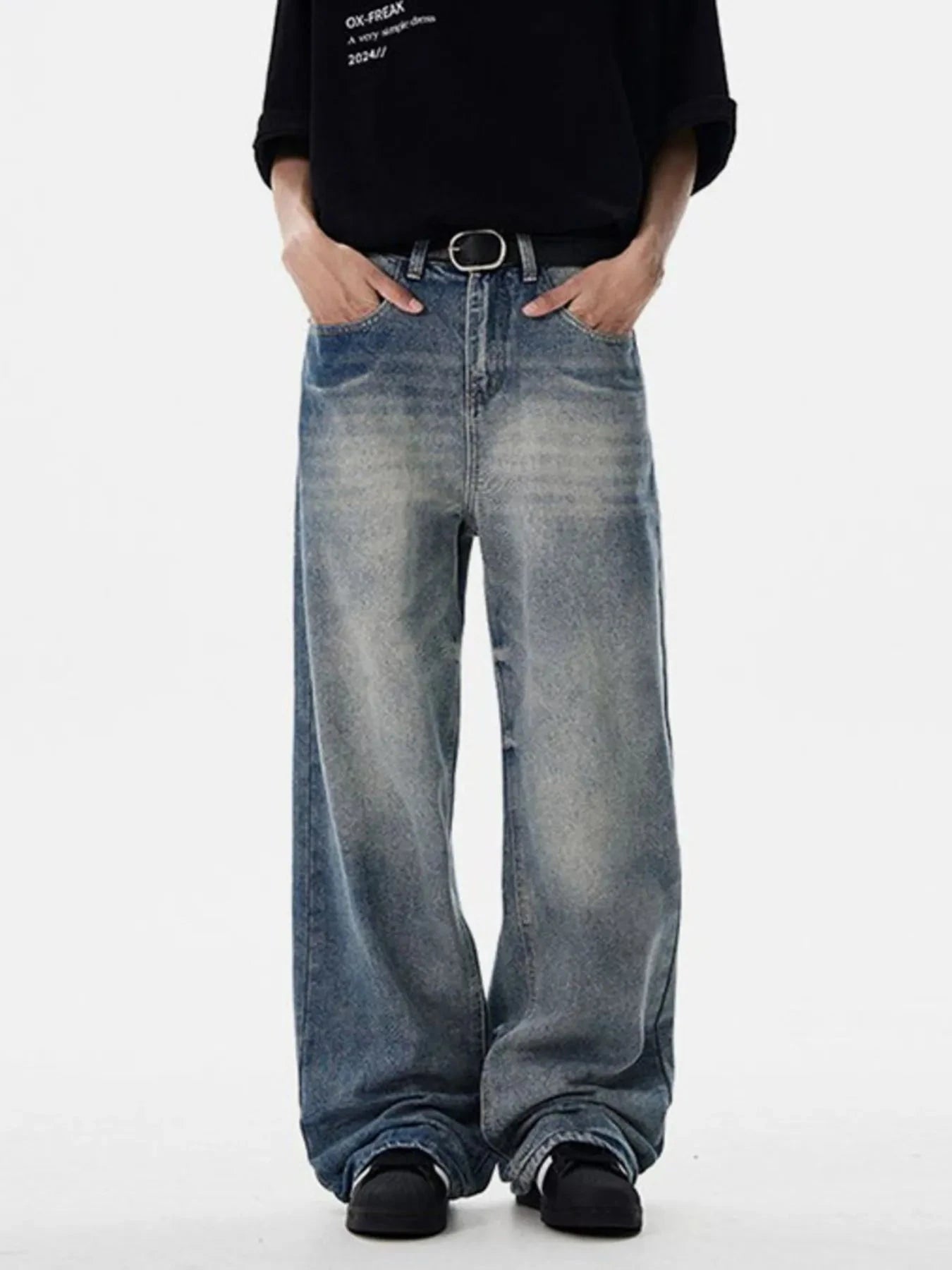 Men's Full Size Washed Wide Leg Jeans Plus Size Blue / S