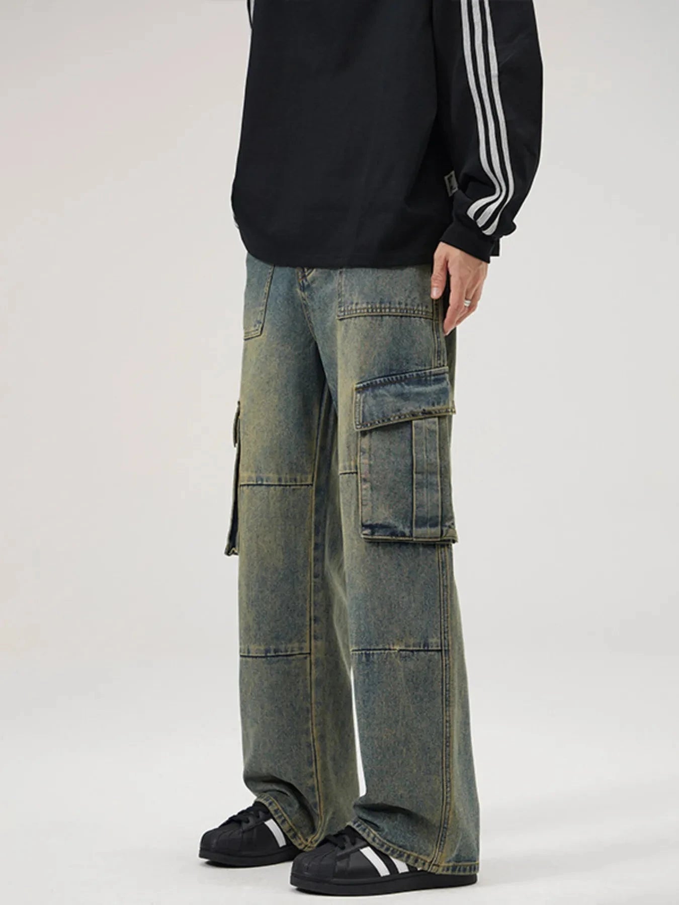 Men's Full Size Wide Leg Cargo Jeans Plus Size Vintage Blue / S