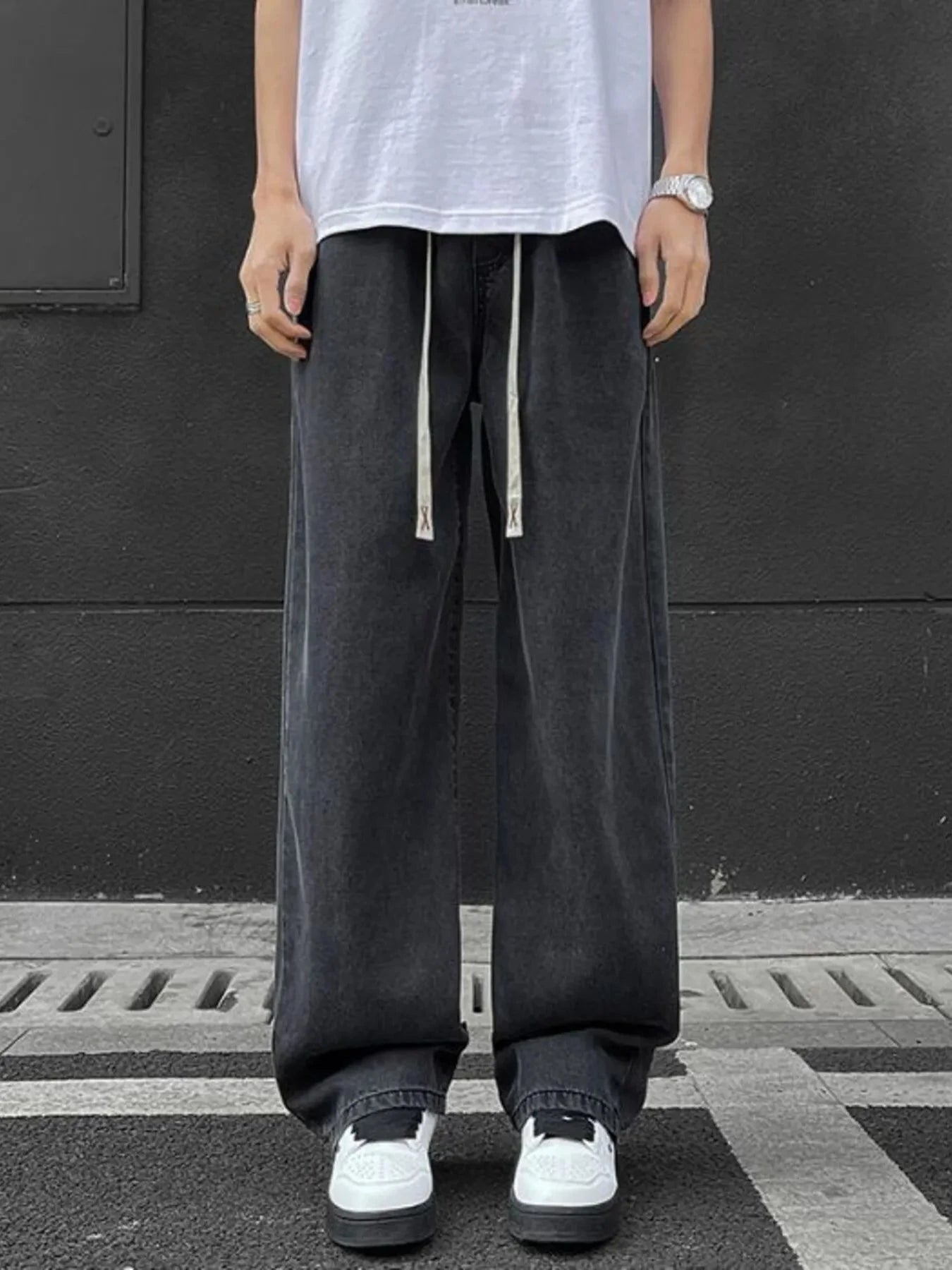 Men's Full Size Wide Leg Drawstring Jeans Plus Size Charcoal Gray / S