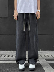 Men's Full Size Wide Leg Drawstring Jeans Plus Size Charcoal Gray / S