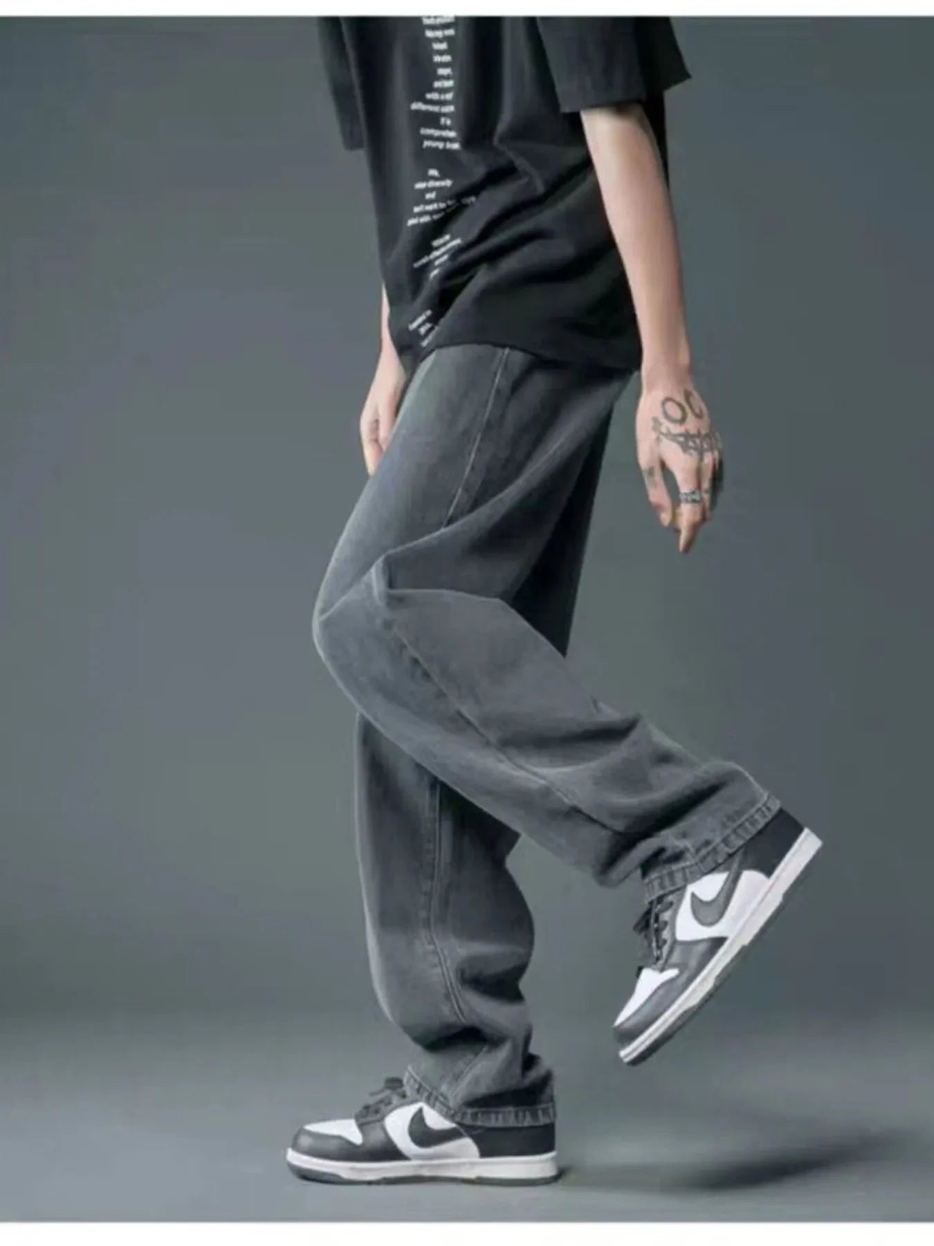 Men's Full Size Wide Leg Wash Relaxed Fit Jeans Plus Size Black Gray / S