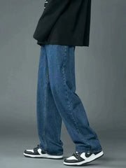 Men's Full Size Wide Leg Wash Relaxed Fit Jeans Plus Size Dark Blue / S