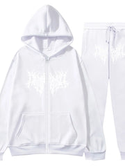 Men's Full Size Zip Up Long Sleeve Hoodie and Pants Set Plus Size White / S