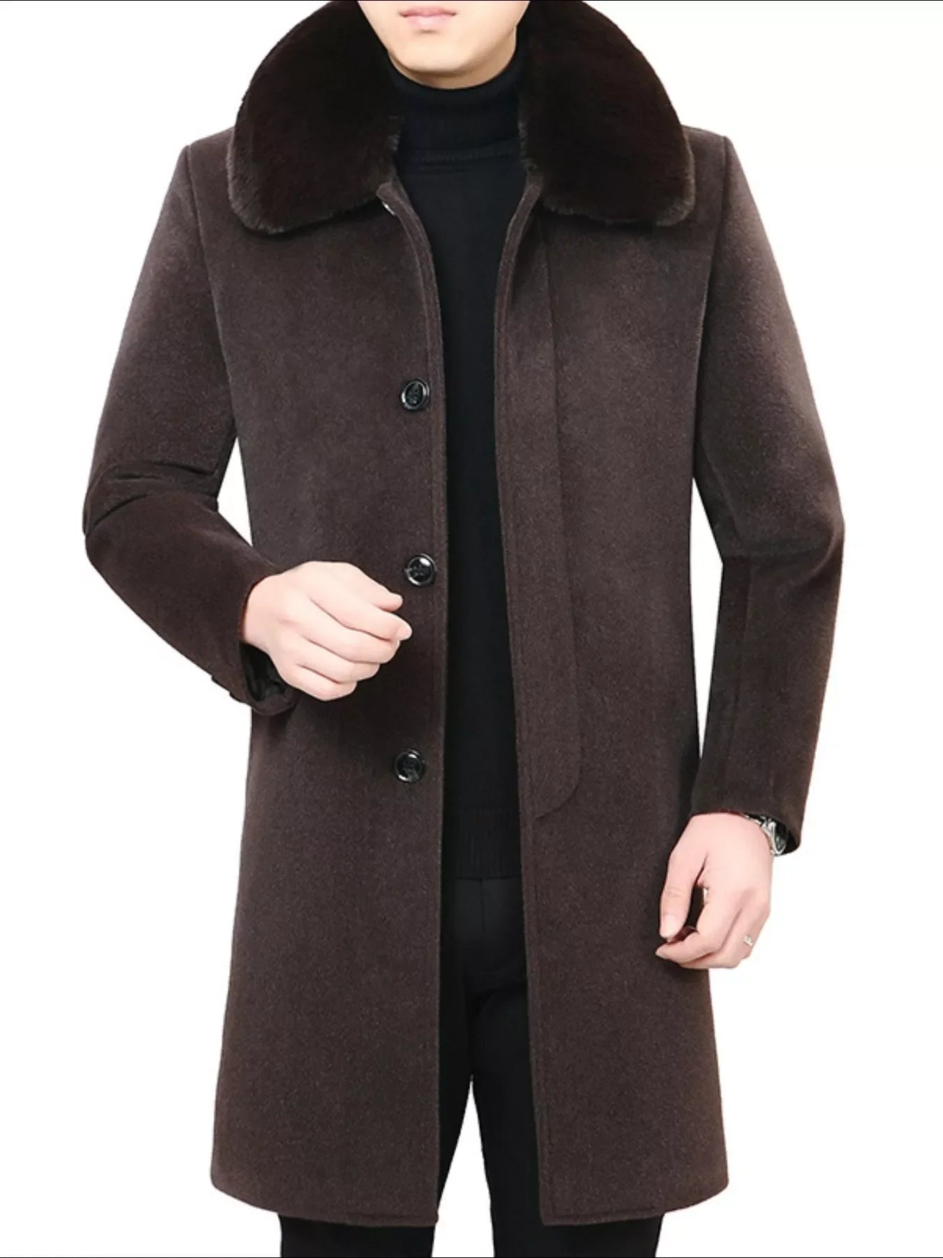 Men's Fur Collar Button Up Overcoat Camel / 175