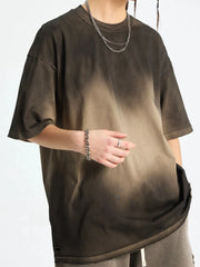 Men's Gradient Round Neck Short Sleeve T-Shirt Washed Black Apricot / S