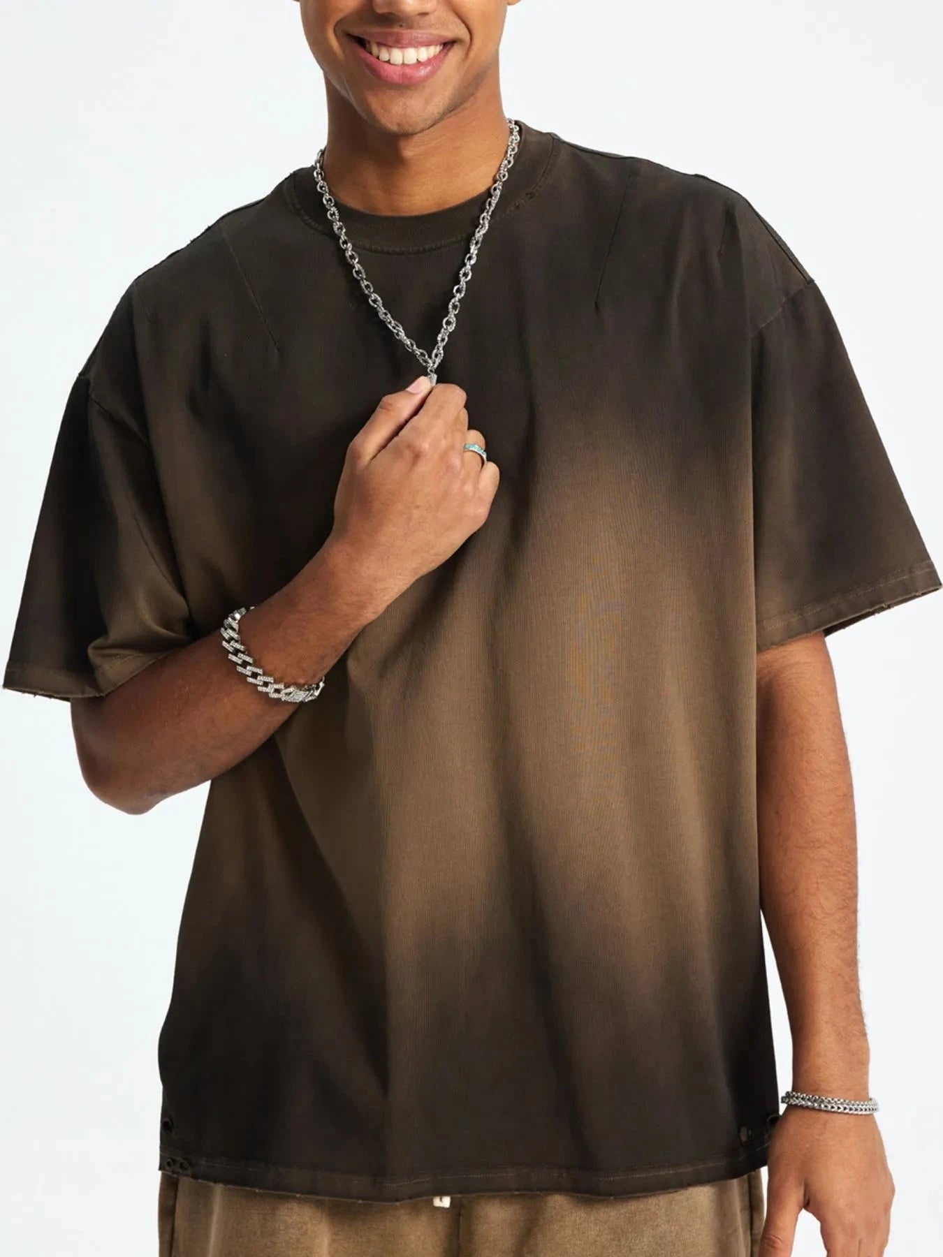 Men's Gradient Round Neck Short Sleeve T-Shirt Washed Black Brown / S