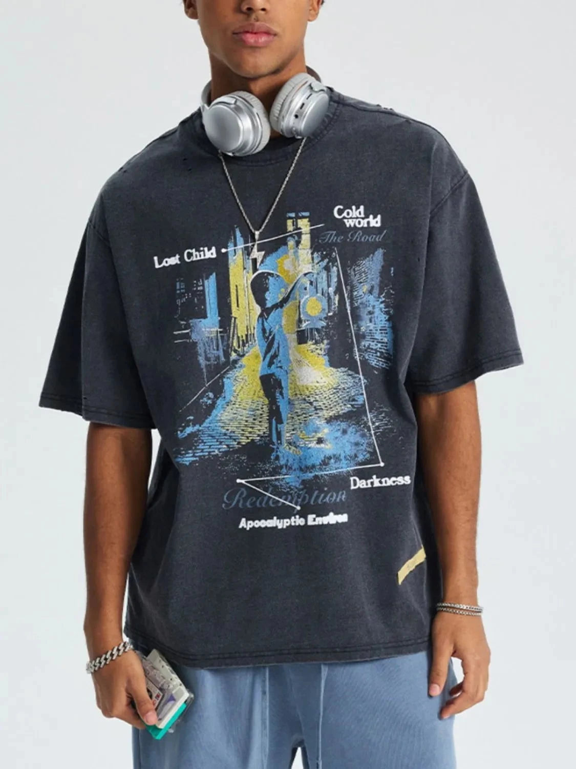 Men's Graphic Round Neck Short Sleeve T-Shirt Vintage Black / S