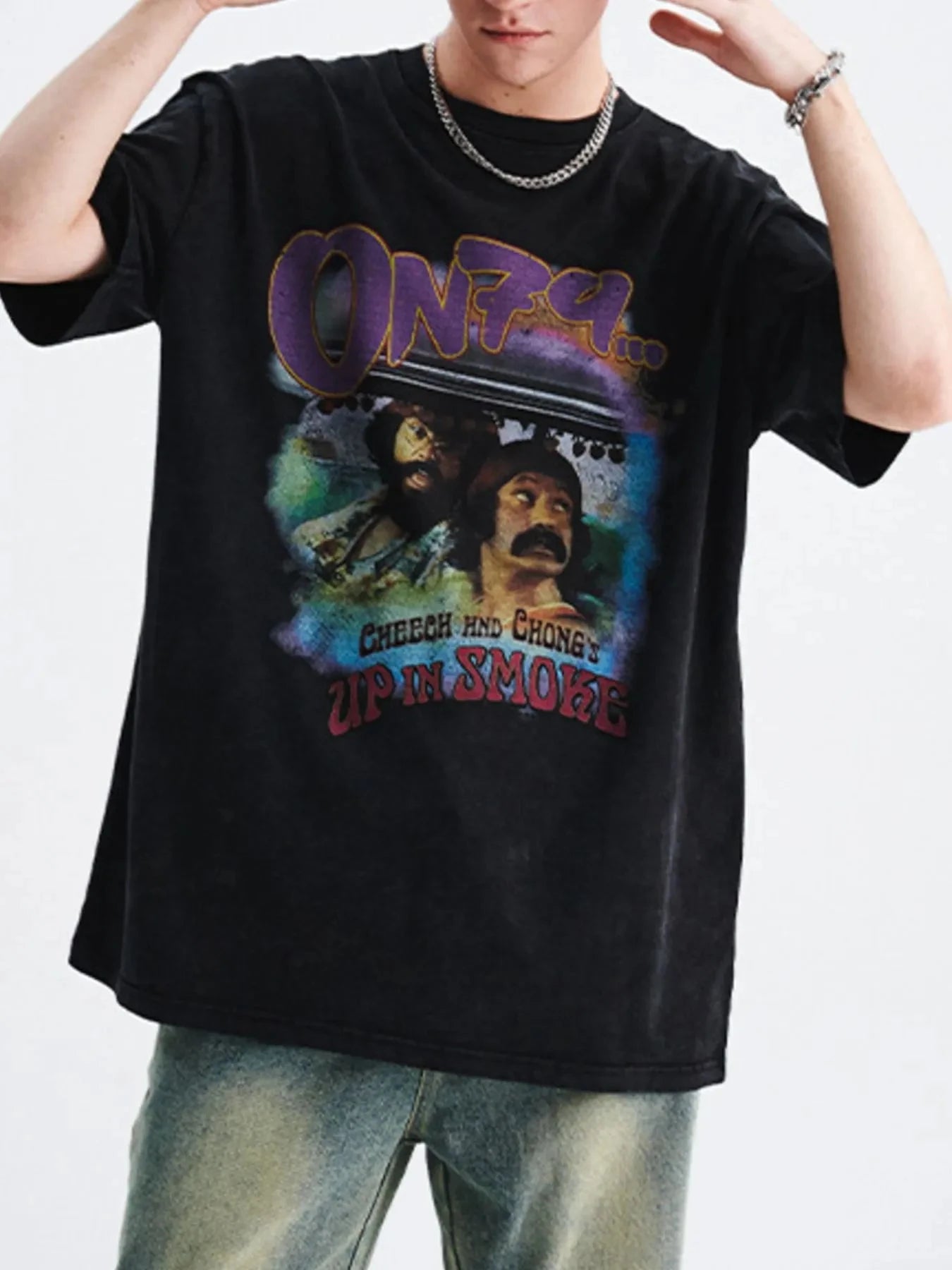 Men's Graphic Round Neck Short Sleeve T-Shirt Wash Black / M