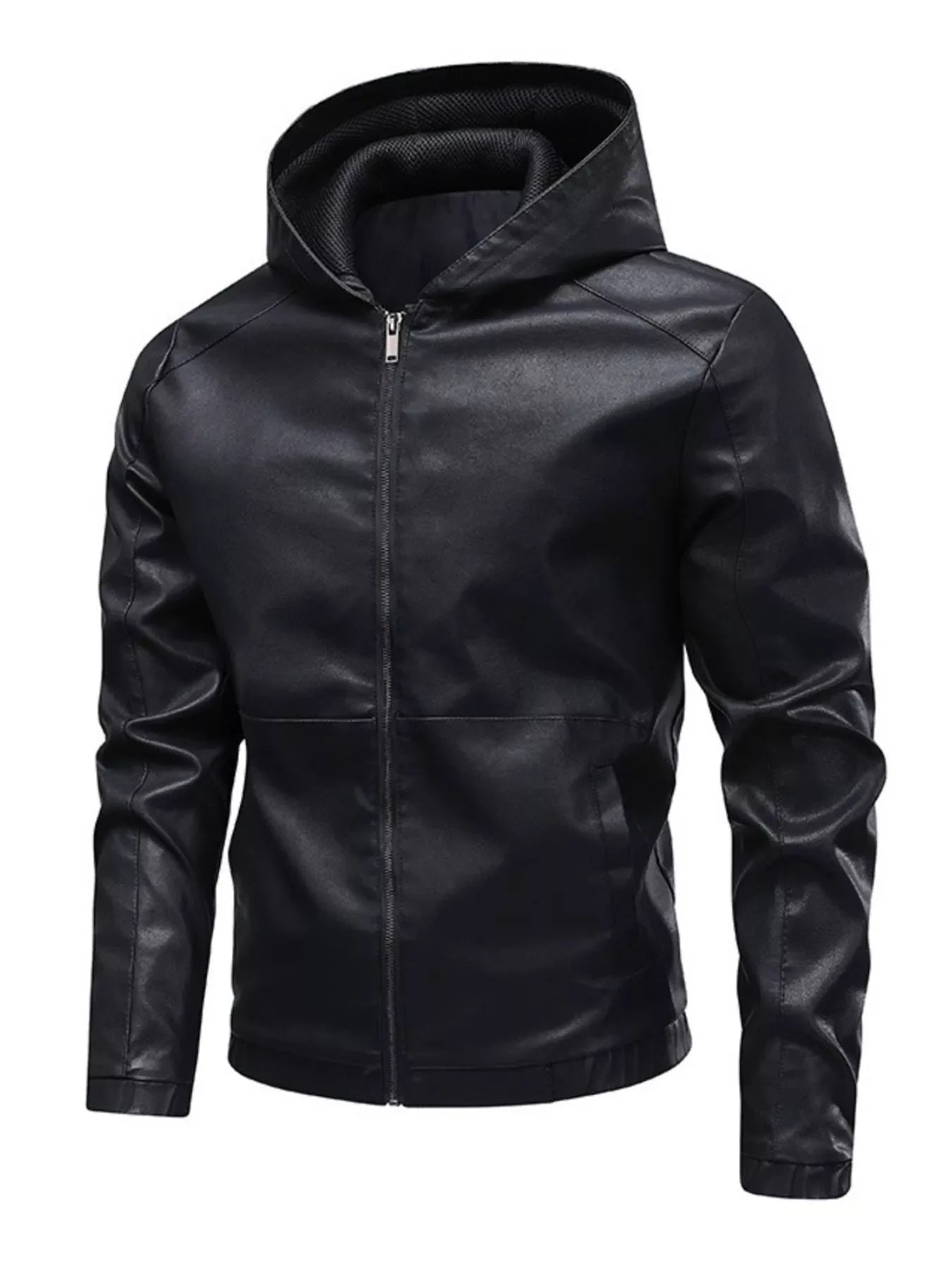 Men's Hooded Faux Leather Moto Jacket Black / XS