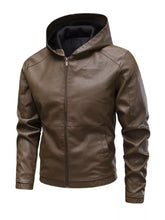 Men's Hooded Faux Leather Moto Jacket Brown / XS