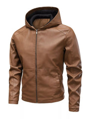 Men's Hooded Faux Leather Moto Jacket Light Brown / XS
