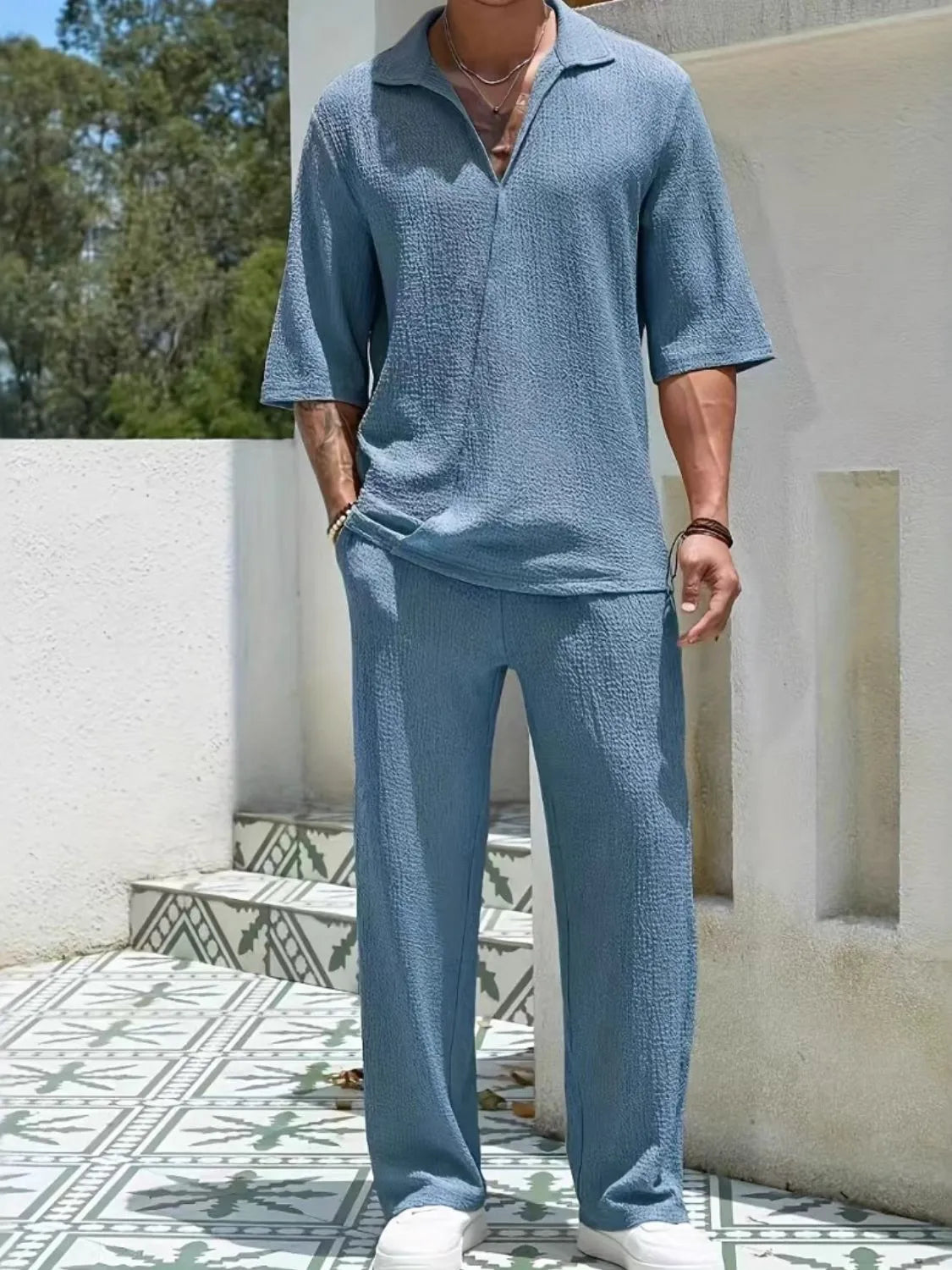 Men's Johnny Collar Half Sleeve Top and Pants Set Dusty Blue / S
